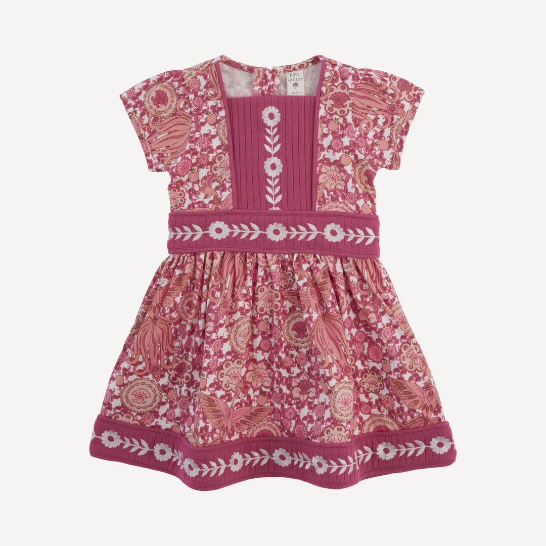 short puff sleeve piped square neck embroidered dress | pink firebird | organic cotton jersey