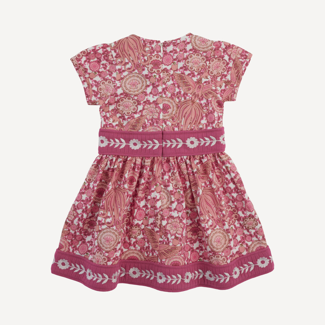 short puff sleeve piped square neck embroidered dress | pink firebird | organic cotton jersey