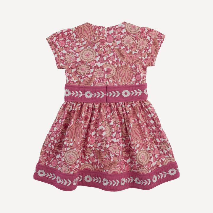short puff sleeve piped square neck embroidered dress | pink firebird | organic cotton jersey