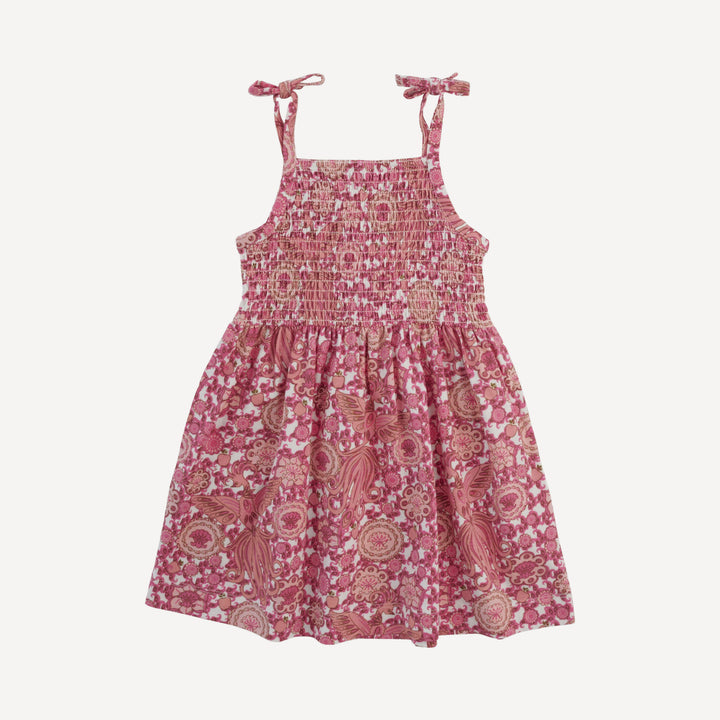 spaghetti tie smocked dress | pink firebird | organic cotton jersey