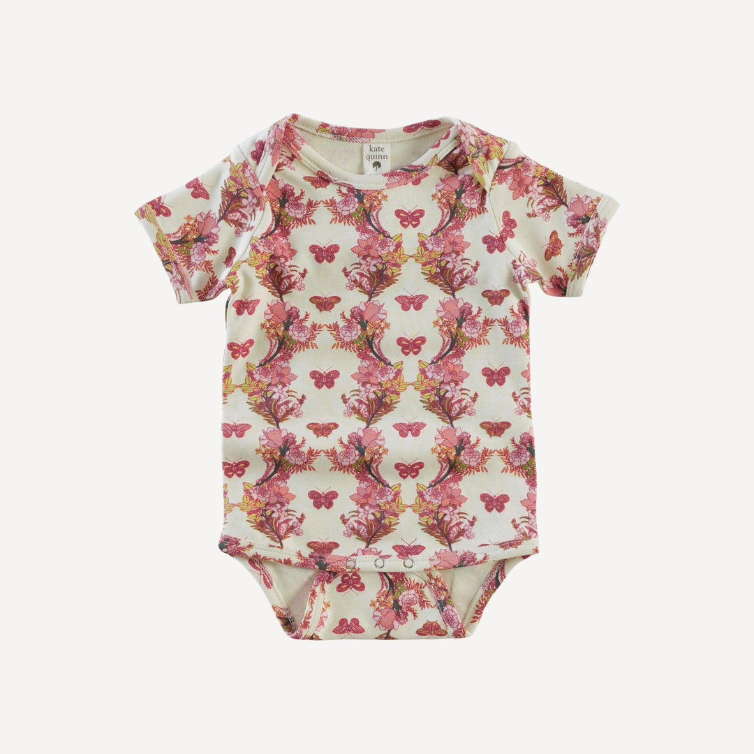 short sleeve lap neck bodysuit | pink floral butterfly | organic cotton interlock