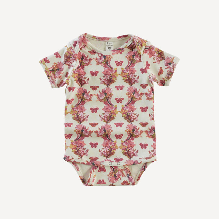 short sleeve lap neck bodysuit | pink floral butterfly | organic cotton interlock