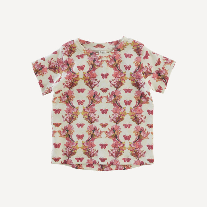 short sleeve essential boxy tee | pink floral butterfly | organic cotton interlock