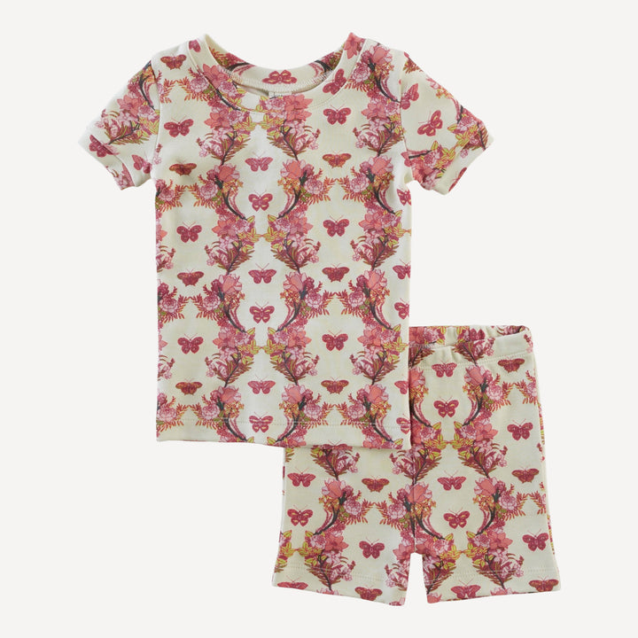 short sleeve crew neck shortie pj set | pink floral butterfly | organic cotton interlock
