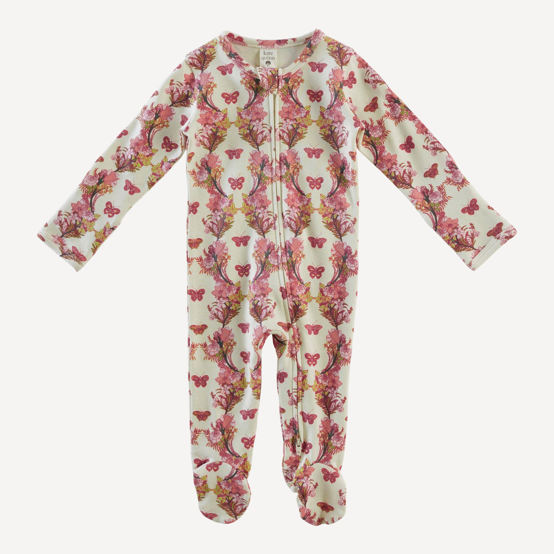 long sleeve two way zipper footie | pink floral butterfly | organic cotton interlock