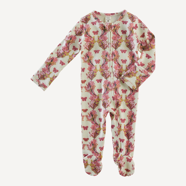 long sleeve two way zipper footie | pink floral butterfly | organic cotton interlock