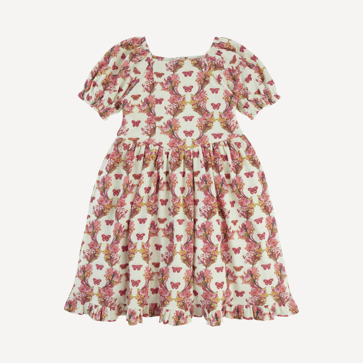 puff sleeve v-waist princess dress | pink floral butterfly | organic cotton interlock