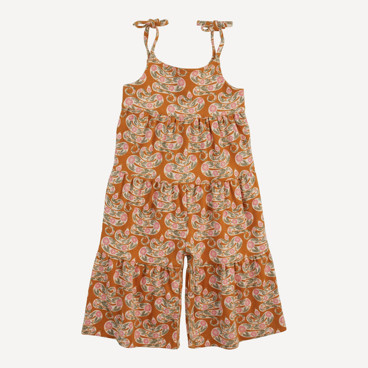 spaghetti tie prairie gaucho jumpsuit | pink floral snake | organic cotton interlock