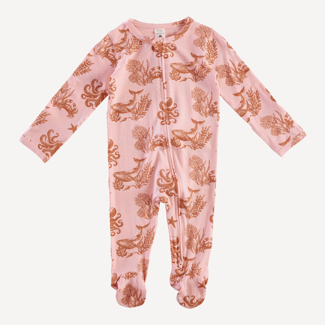 long sleeve two way zipper footie | pink nautical toile | bamboo