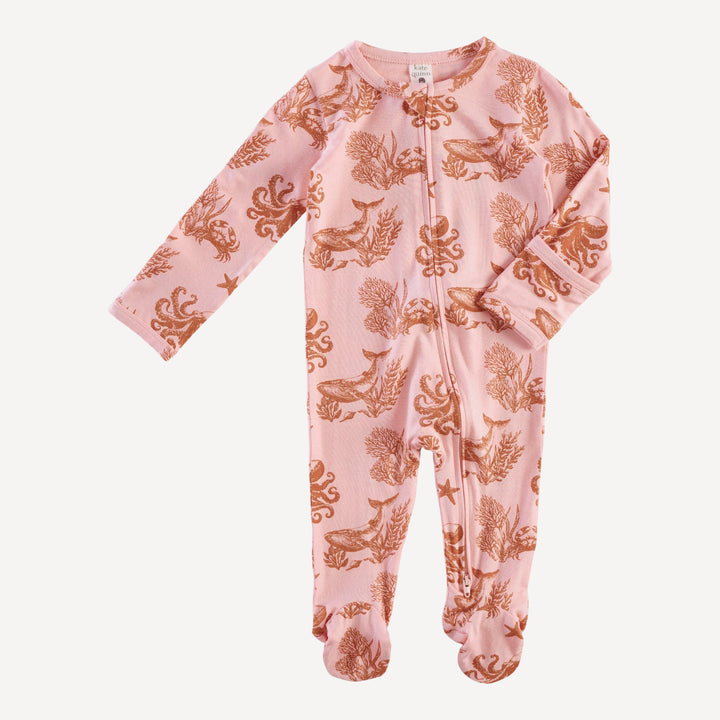 long sleeve two way zipper footie | pink nautical toile | bamboo
