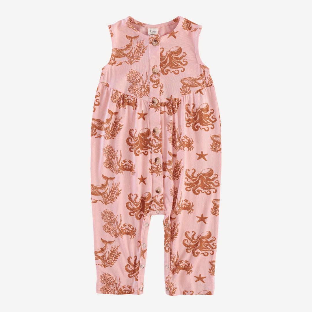 sleeveless button front v-waist jumpsuit | pink nautical toile | bamboo