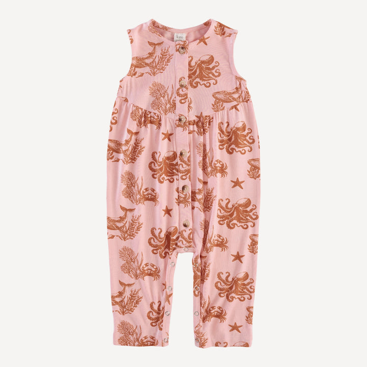 sleeveless button front v-waist jumpsuit | pink nautical toile | bamboo