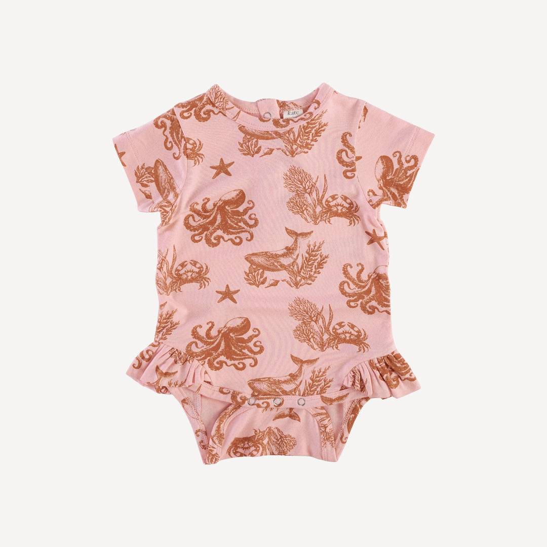 short sleeve ruffle leg bodysuit | pink nautical toile | bamboo