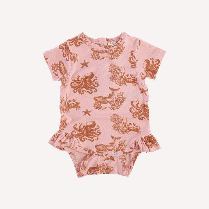 short sleeve ruffle leg bodysuit | pink nautical toile | bamboo