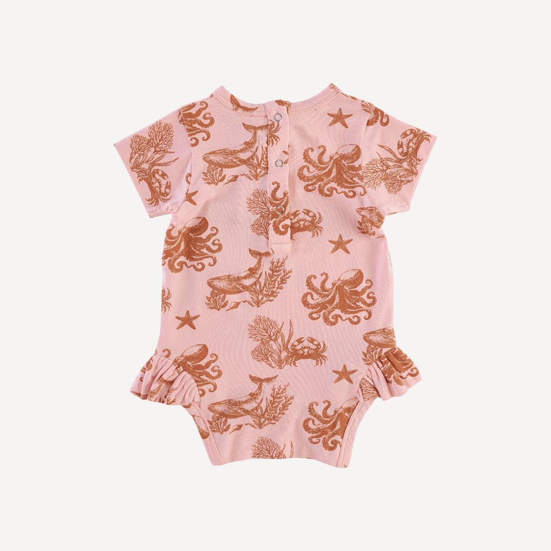 short sleeve ruffle leg bodysuit | pink nautical toile | bamboo