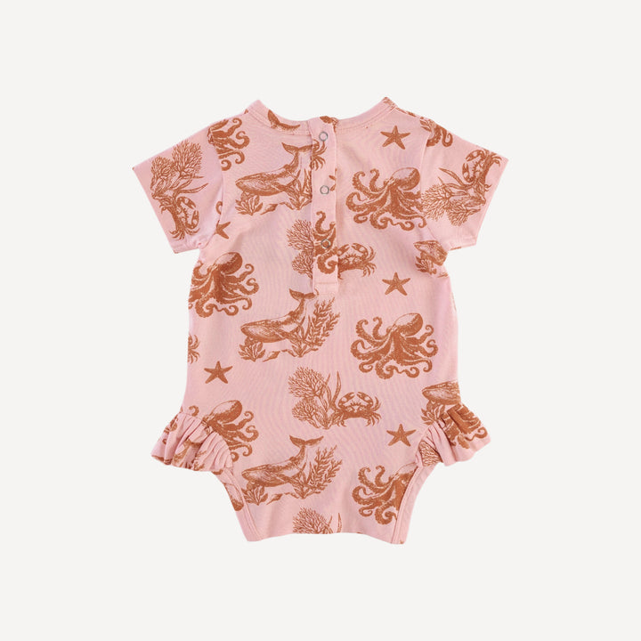 short sleeve ruffle leg bodysuit | pink nautical toile | bamboo