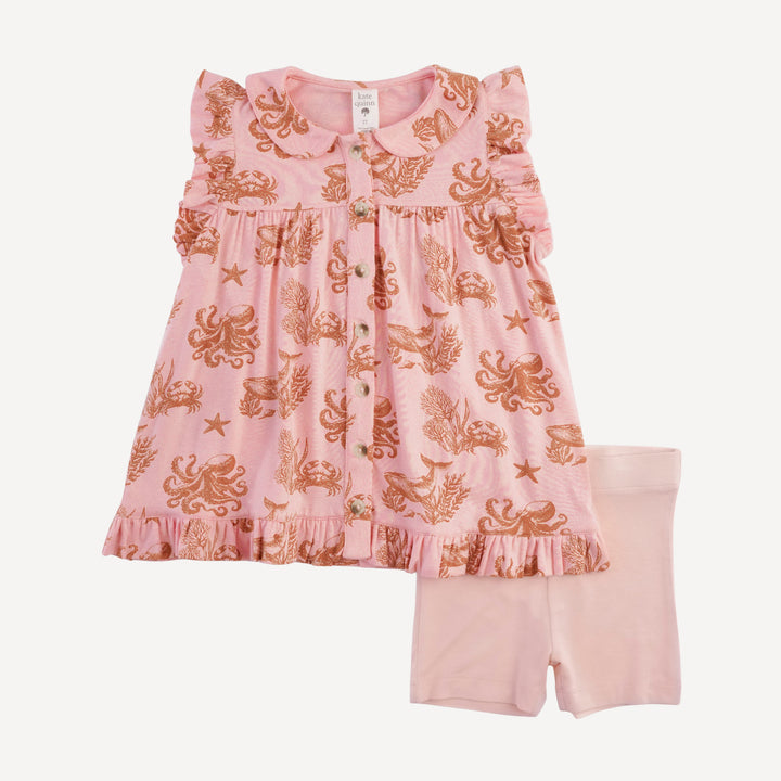 sleeveless peter pan button ruffle top + bike short set | pink nautical toile | bamboo