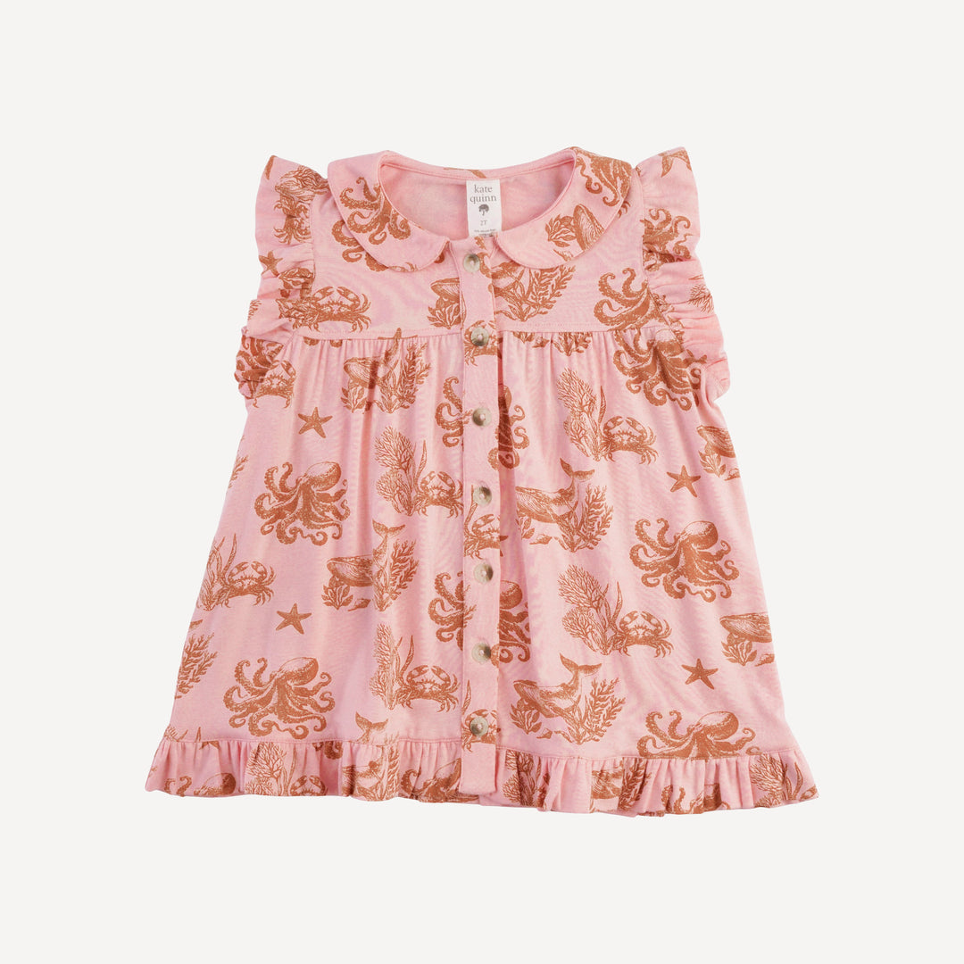 sleeveless peter pan button ruffle top + bike short set | pink nautical toile | bamboo