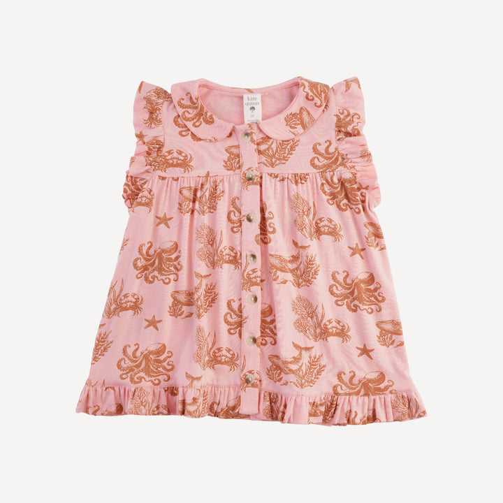 sleeveless peter pan button ruffle top + bike short set | pink nautical toile | bamboo