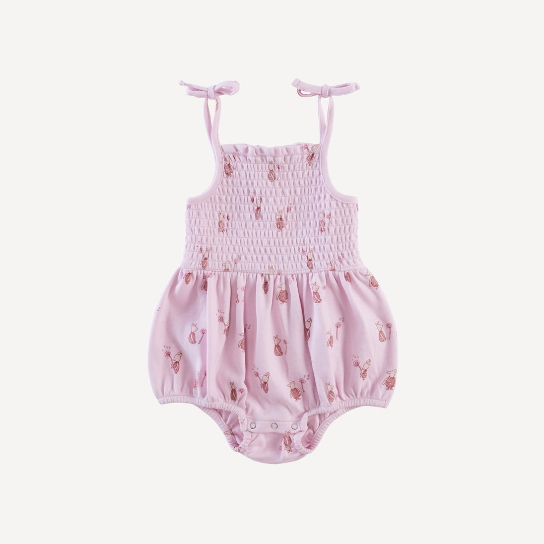 smocked tie bubble | pink piglet | organic cotton interlock