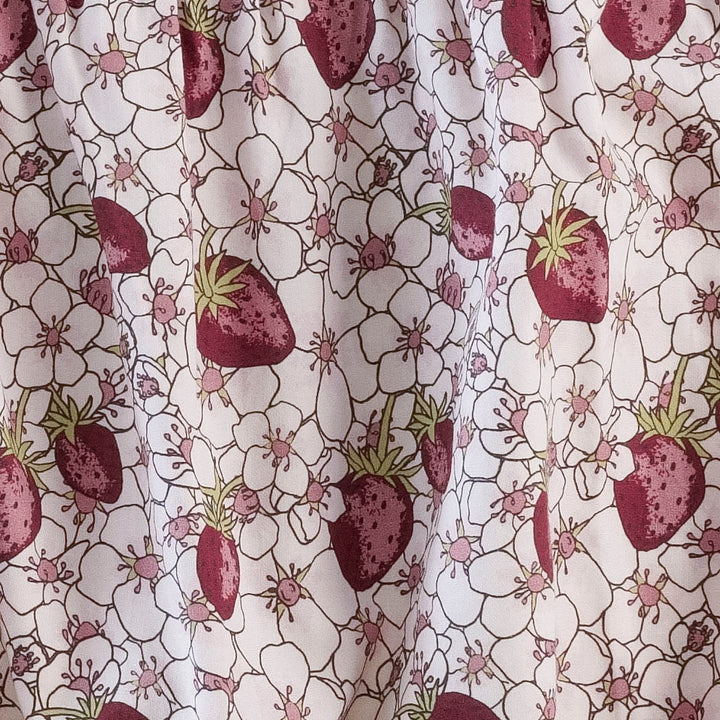 small ruffle bonnet | pink strawberry floral | organic cotton mid-weight woven
