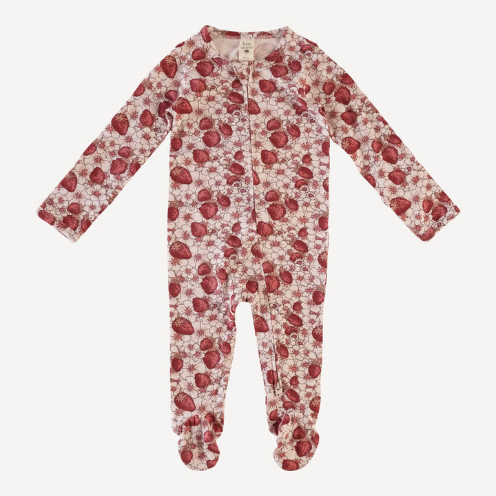 long sleeve zipper footie | pink strawberry floral | bamboo