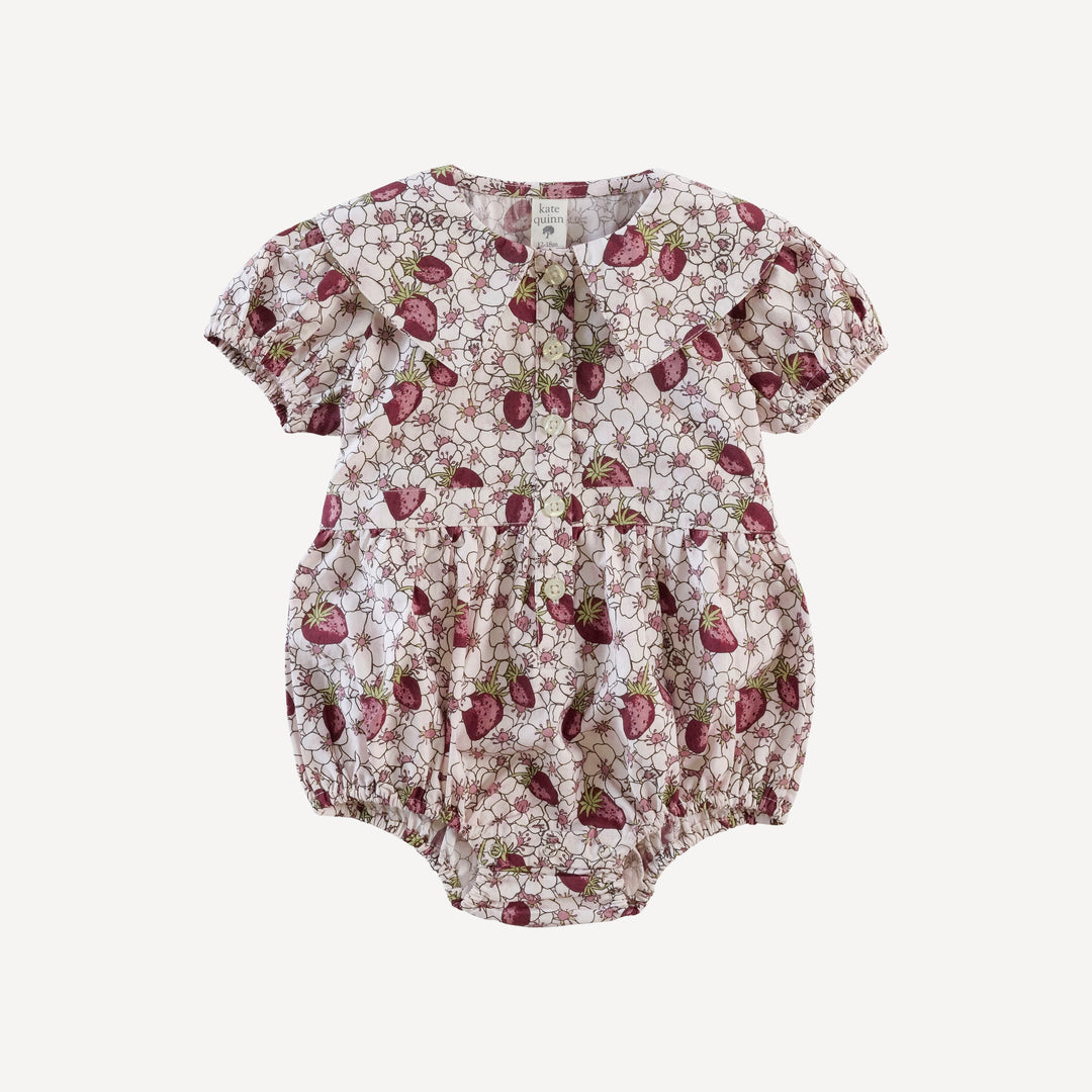 short sleeve wide collar button bubble | pink strawberry floral | organic cotton mid-weight woven