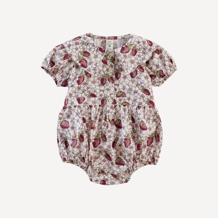 short sleeve wide collar button bubble | pink strawberry floral | organic cotton mid-weight woven