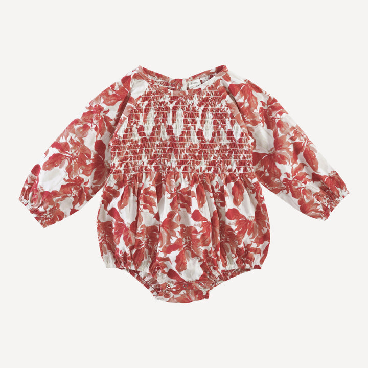 long sleeve puffed smocked bubble | poinsettia | organic cotton woven