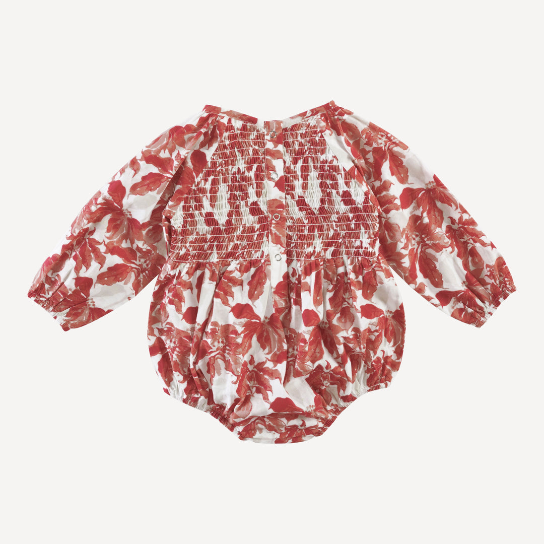 long sleeve puffed smocked bubble | poinsettia | organic cotton woven