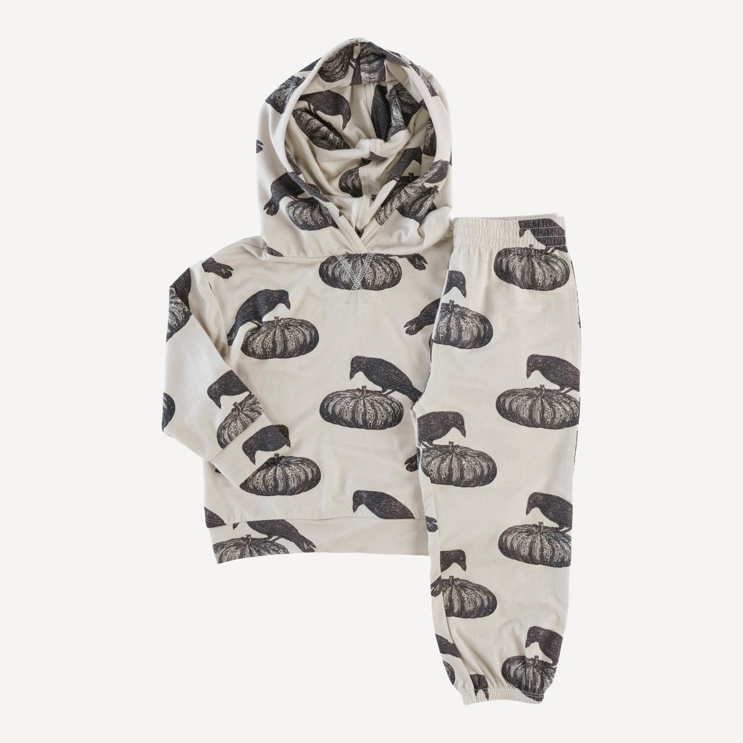 long sleeve boxy topstitch hoodie + relaxed jogger set | pumpkin crow | organic cotton interlock