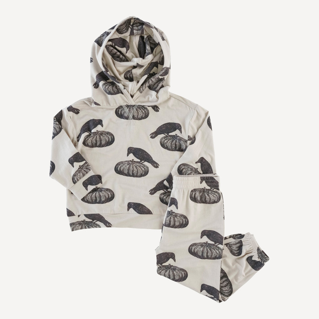 long sleeve boxy topstitch hoodie + relaxed jogger set | pumpkin crow | organic cotton interlock