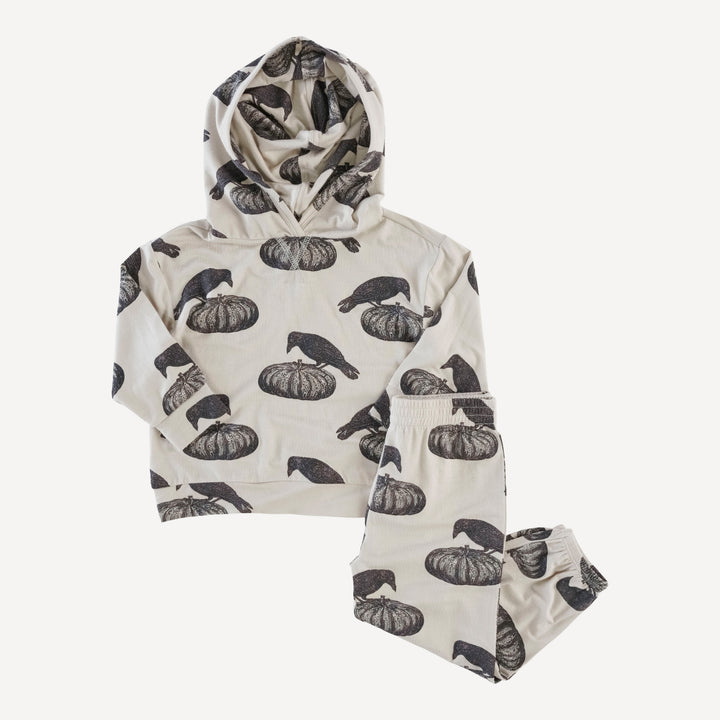 long sleeve boxy topstitch hoodie + relaxed jogger set | pumpkin crow | organic cotton interlock