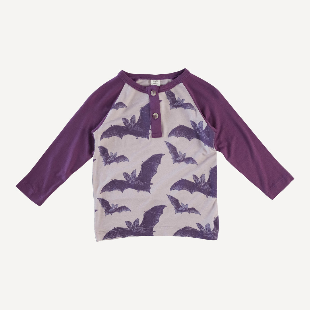 long sleeve baseball henley tee | purple bat | organic cotton interlock