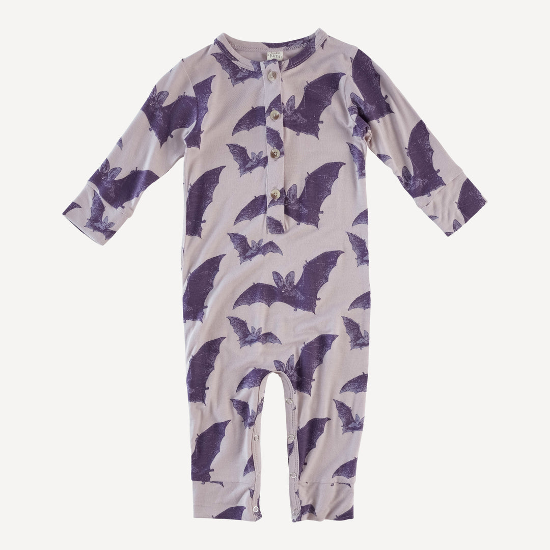 long sleeve sport union suit | purple bat | organic cotton interlock