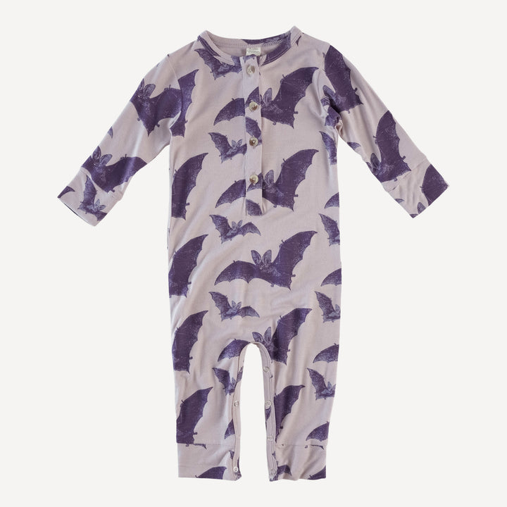 long sleeve sport union suit | purple bat | organic cotton interlock