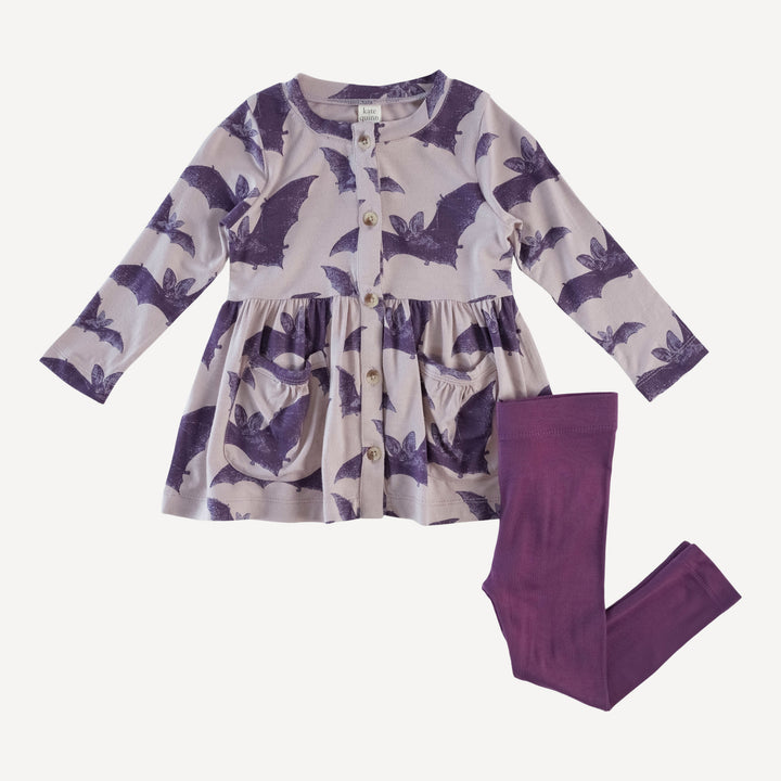 long sleeve gathered waist pocket top + legging set | purple bat | organic cotton interlock