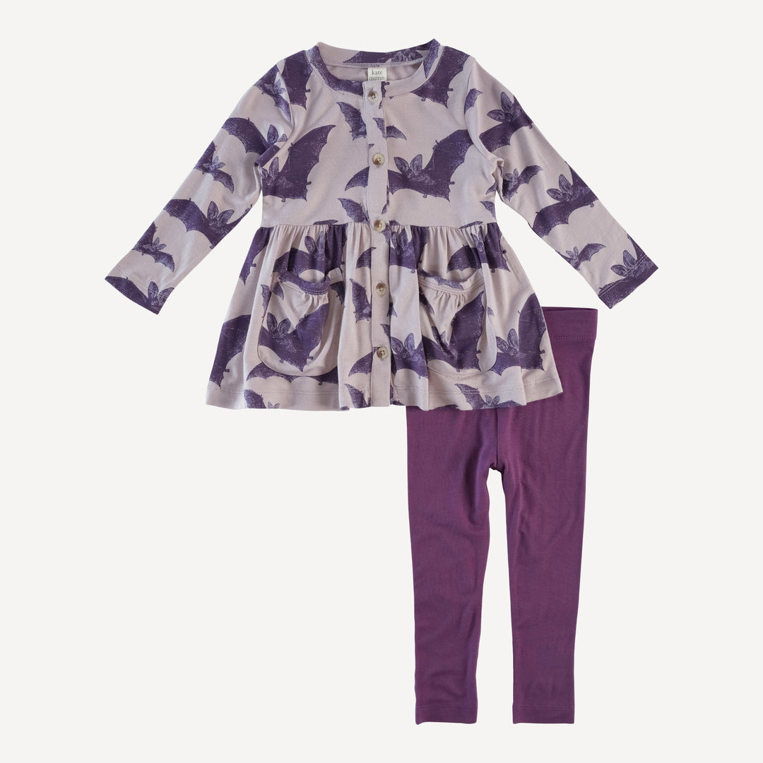 long sleeve gathered waist pocket top + legging set | purple bat | organic cotton interlock