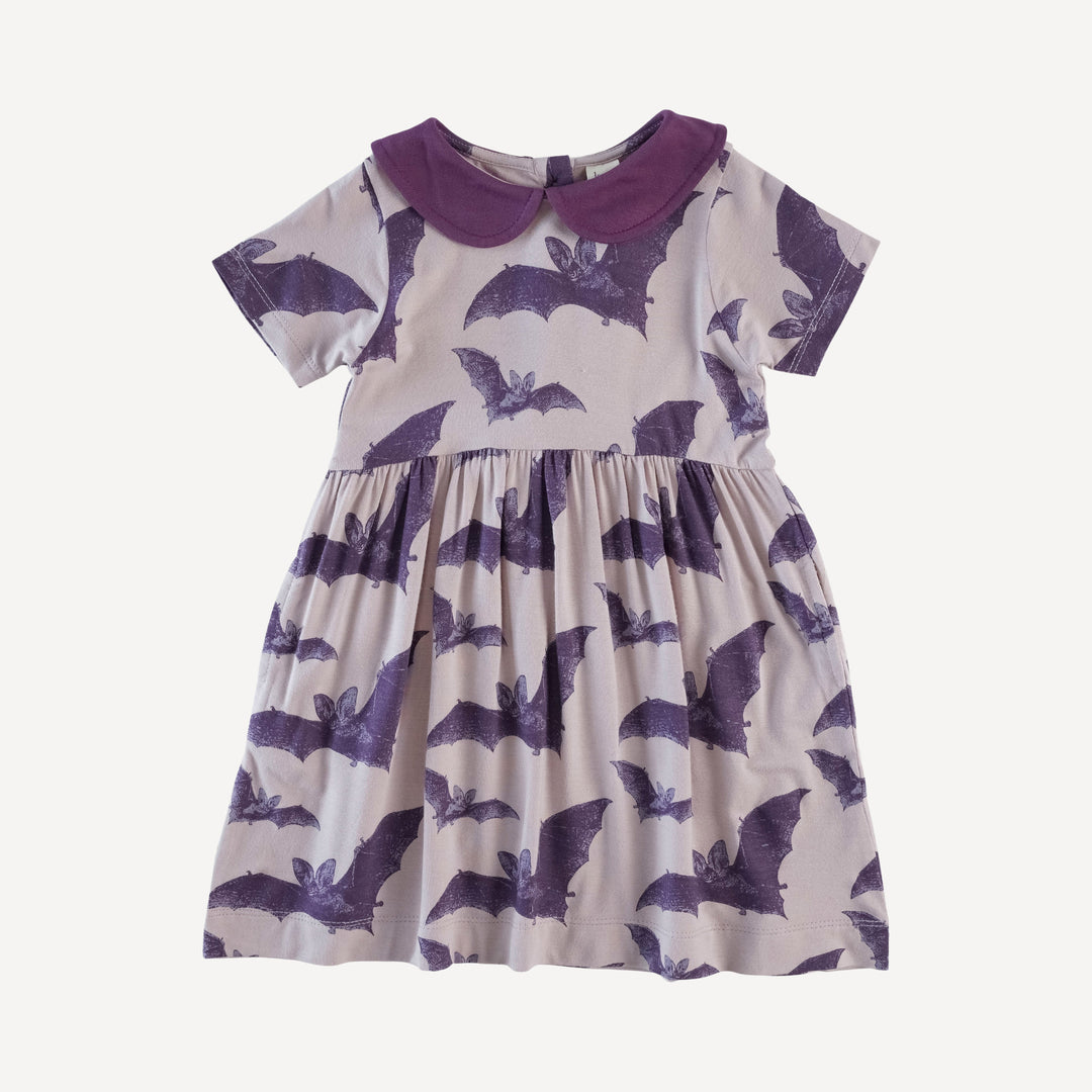 short sleeve peter pan dress | purple bat | organic cotton interlock