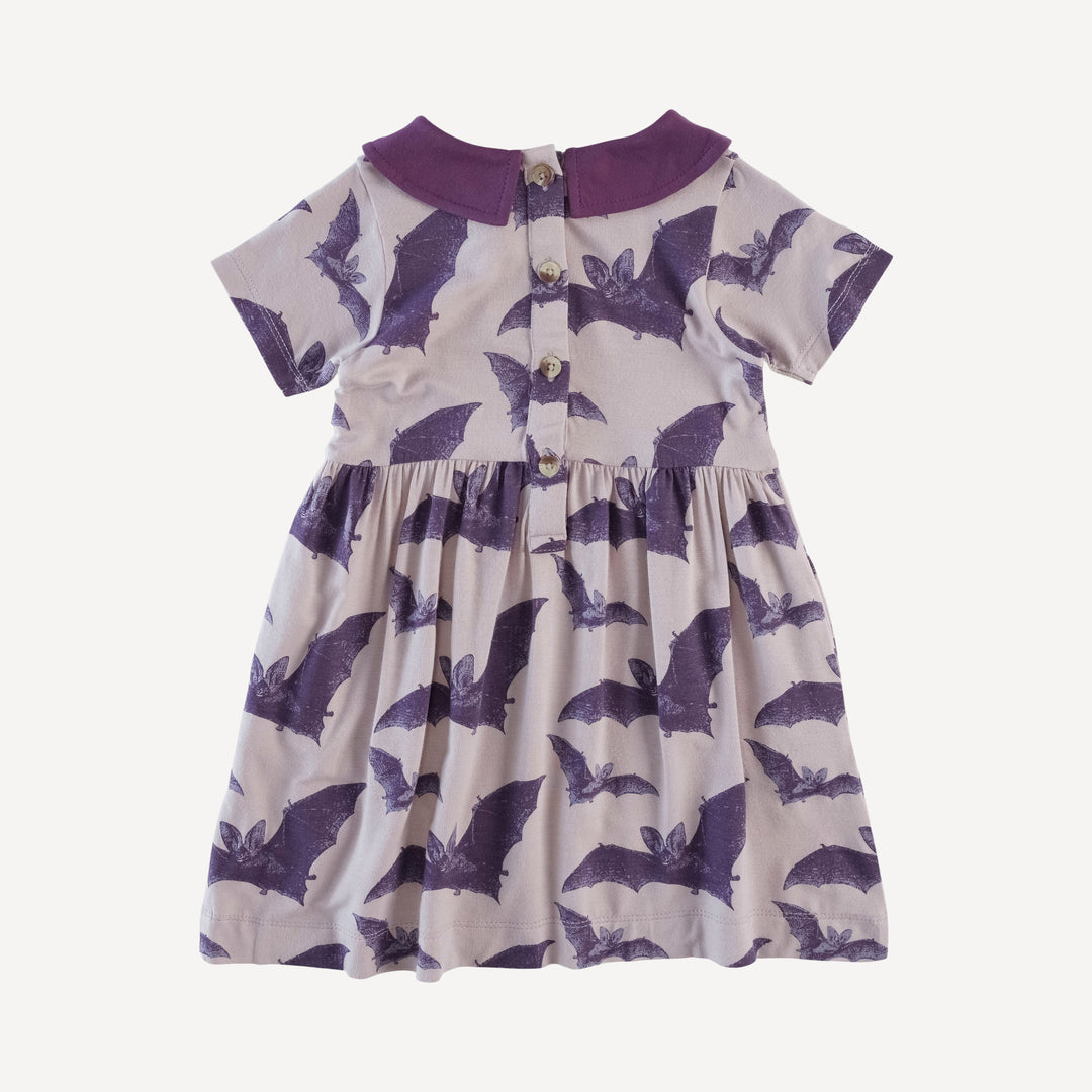 short sleeve peter pan dress | purple bat | organic cotton interlock