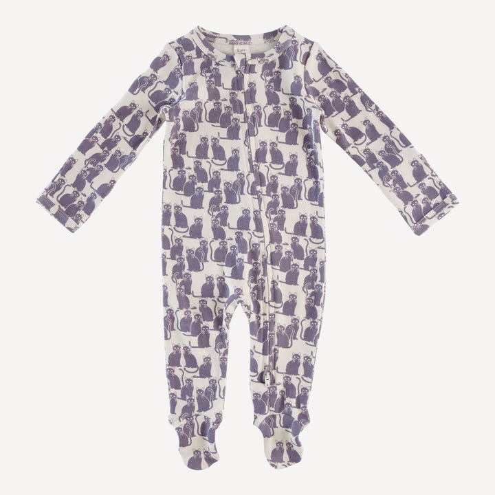 long sleeve two way zipper footie | purple cat | organic cotton interlock