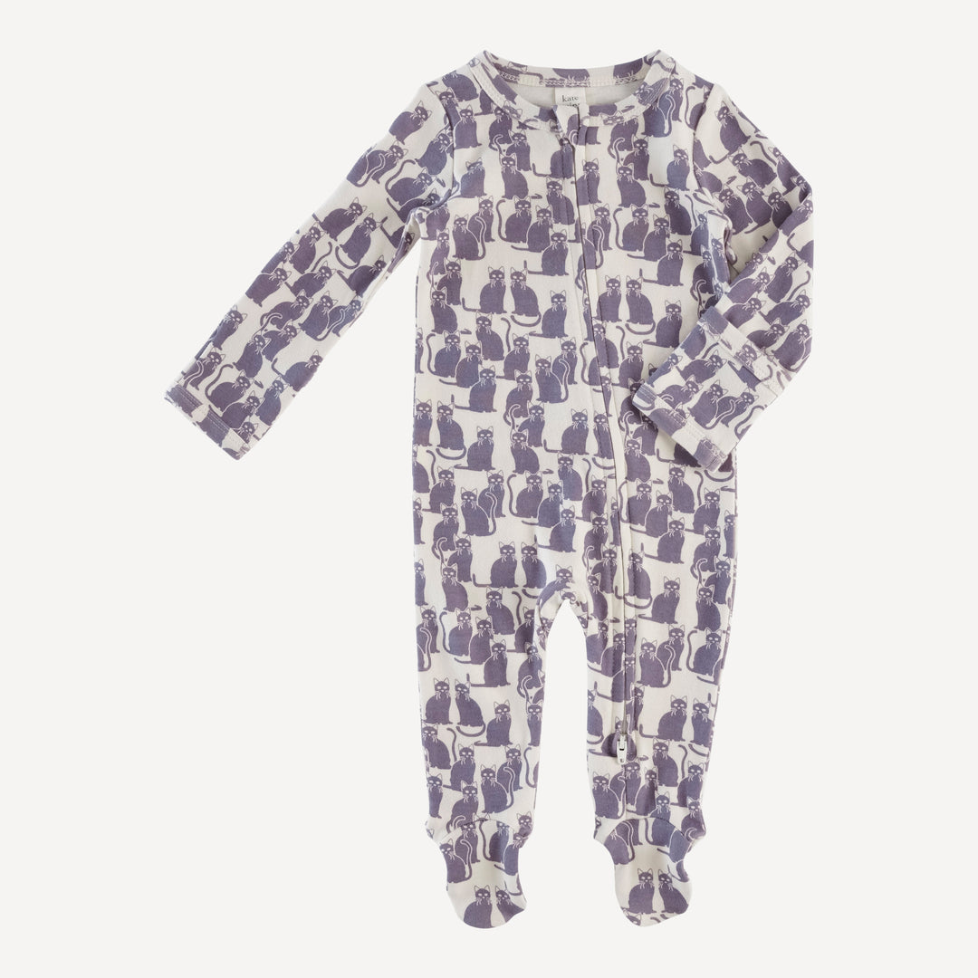 long sleeve two way zipper footie | purple cat | organic cotton interlock