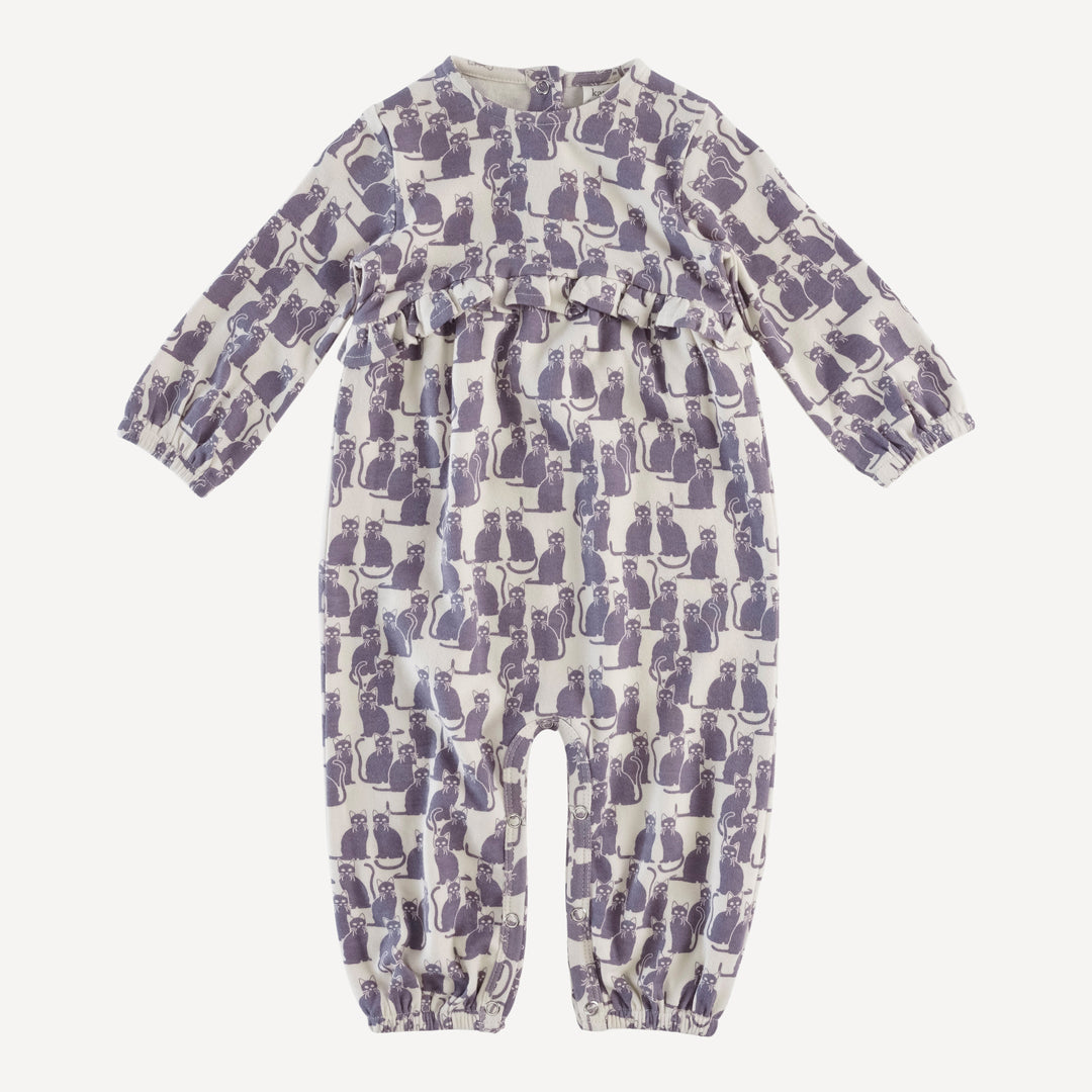 long sleeve tiny ruffle waist jumpsuit | purple cat | organic cotton interlock