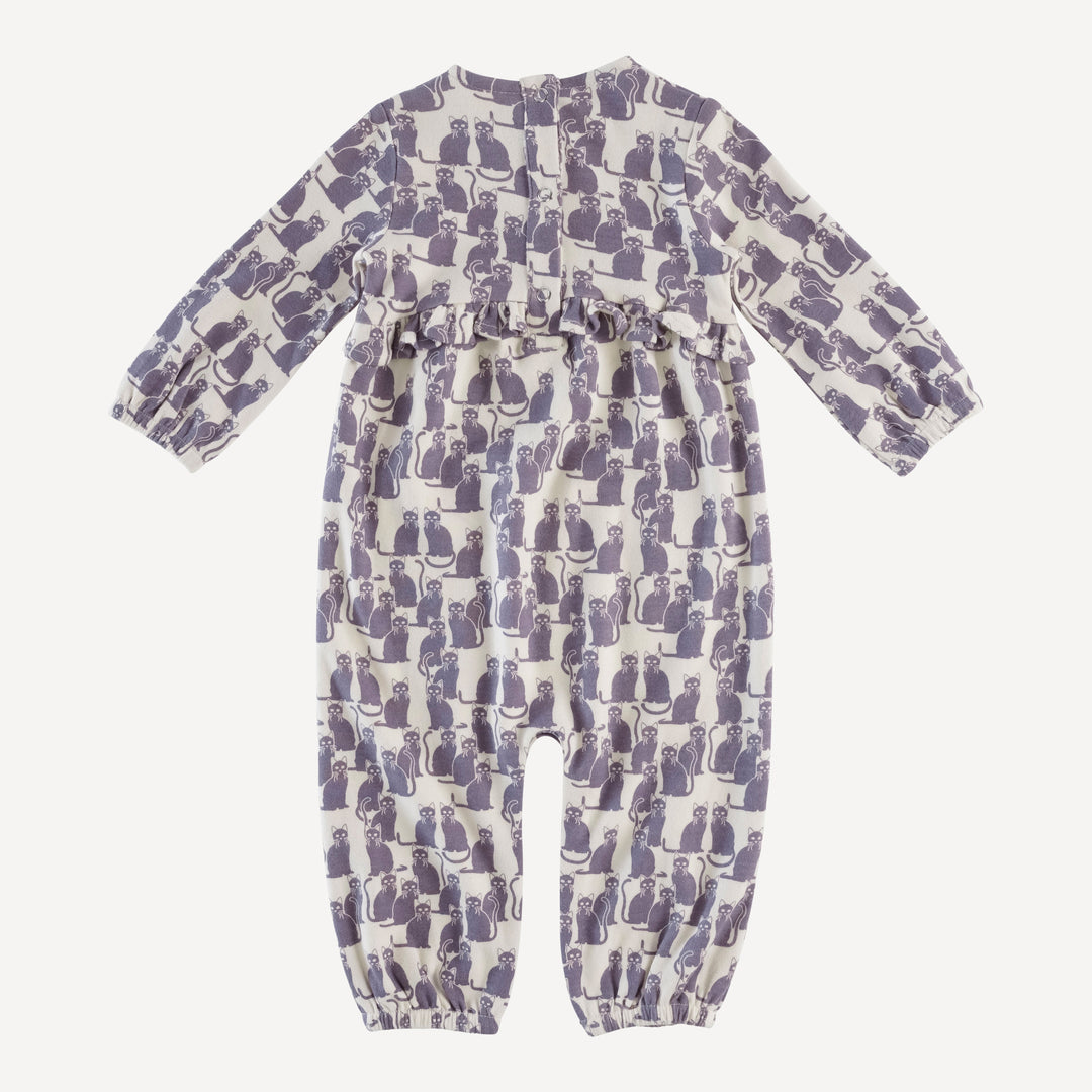 long sleeve tiny ruffle waist jumpsuit | purple cat | organic cotton interlock