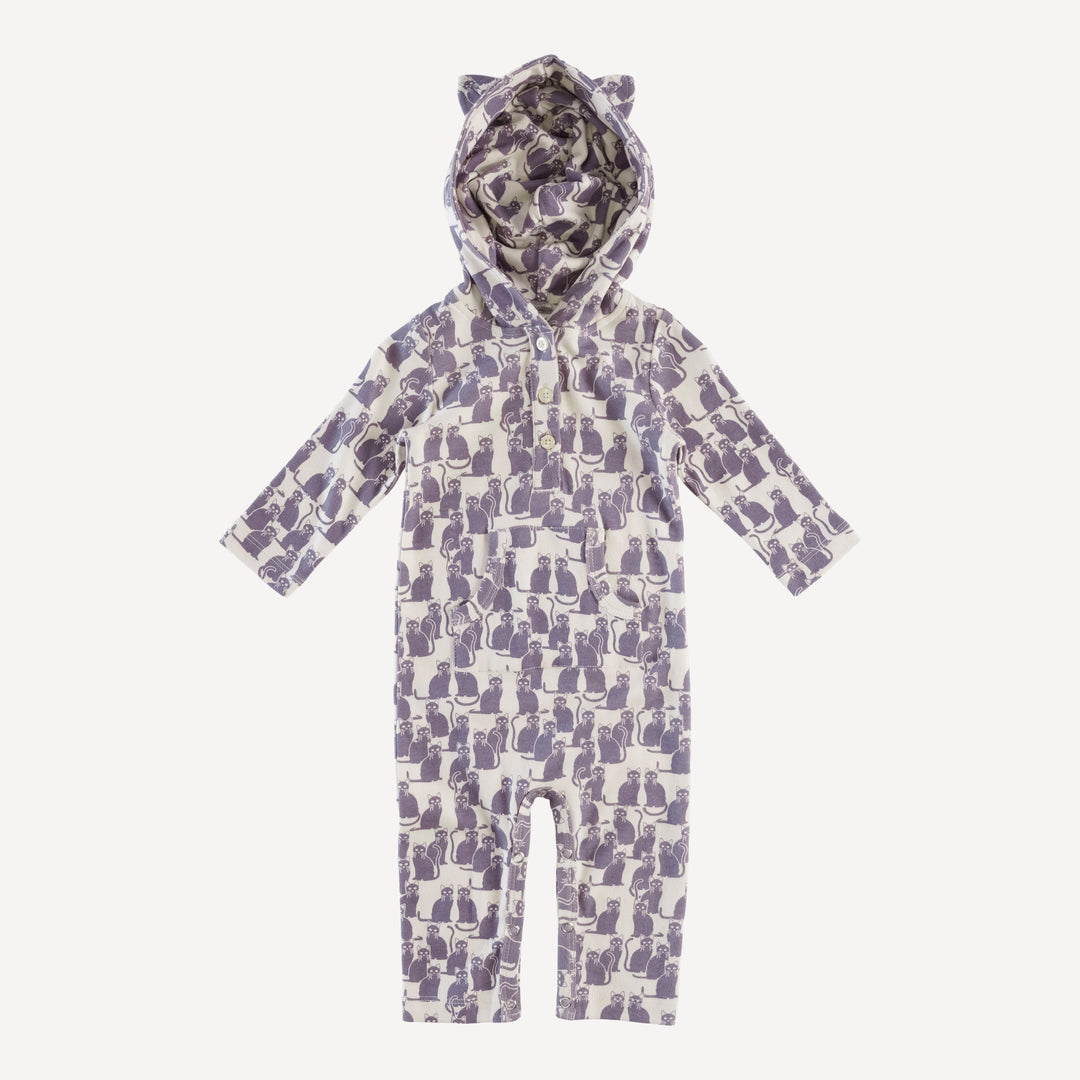 long sleeve henley kanga cat jumpsuit | purple cat | organic cotton interlock