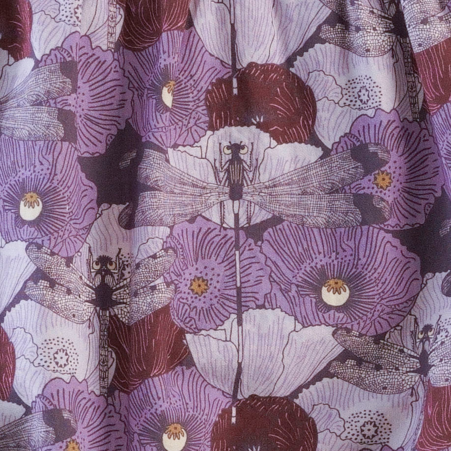 womens puff sleeve button prairie dress | purple dragonfly | organic cotton mid-weight woven