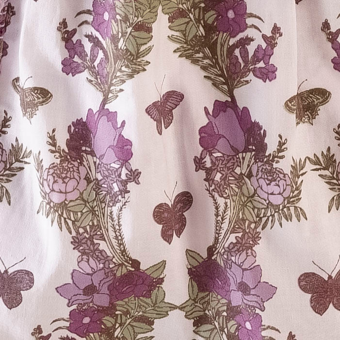 ruffle bib | purple floral butterfly | organic cotton woven