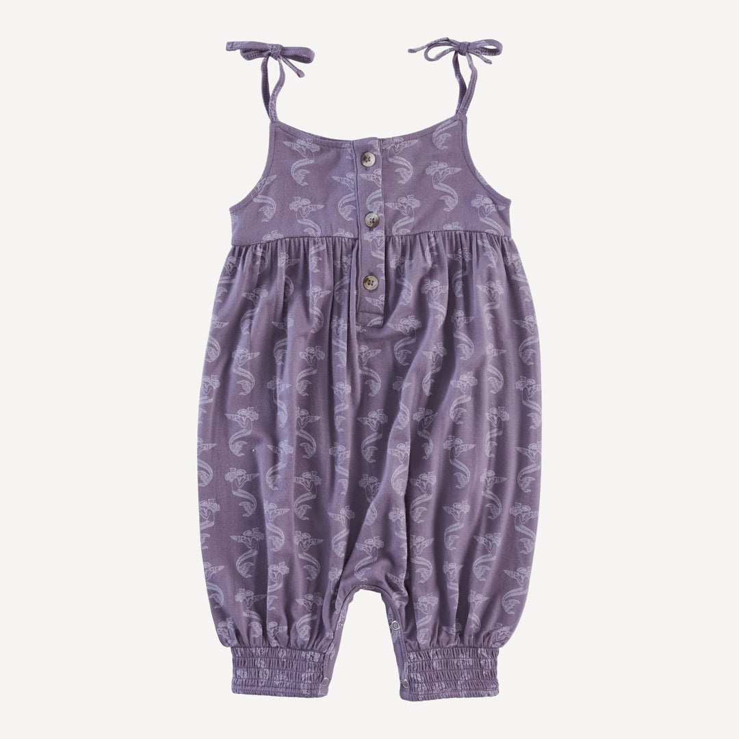 gathered smocked tie jumpsuit | purple mermaid shell | bamboo