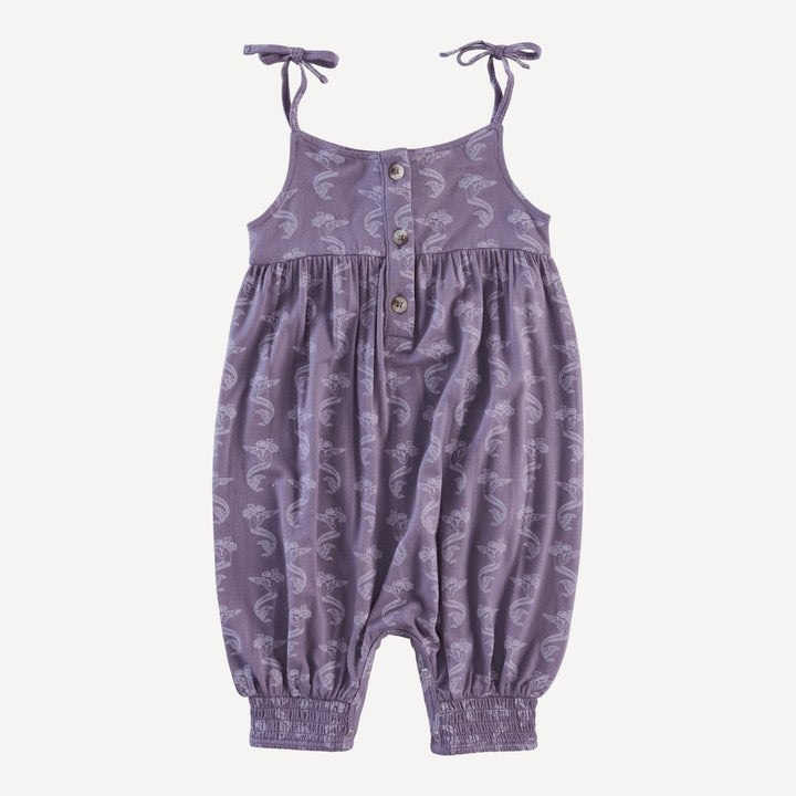gathered smocked tie jumpsuit | purple mermaid shell | bamboo
