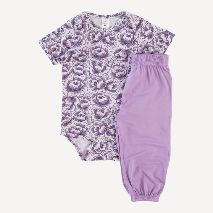 short sleeve lap neck bodysuit + relaxed jogger set | purple petal | bamboo